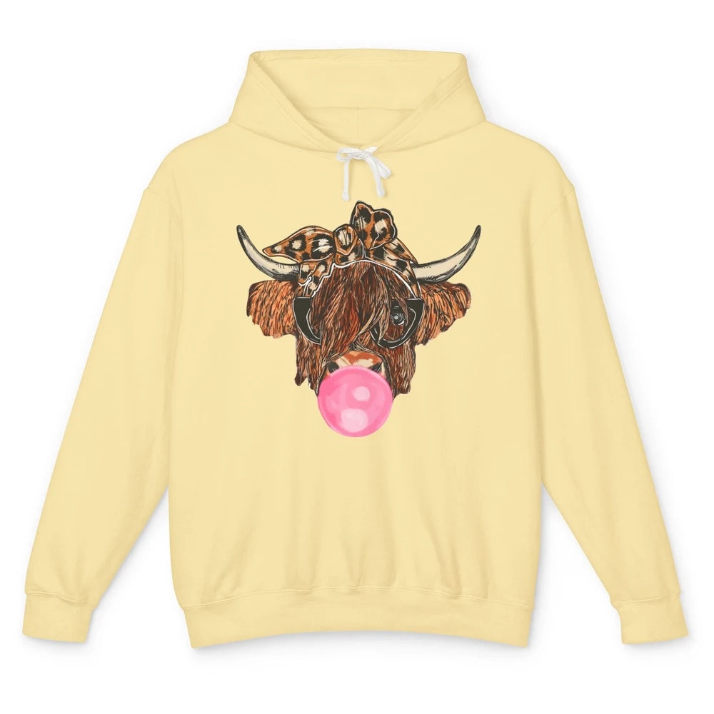 Highland Cow Leopard Bandana Glasses Bubble Gum Western Gift Unisex Lightweight Hoodie