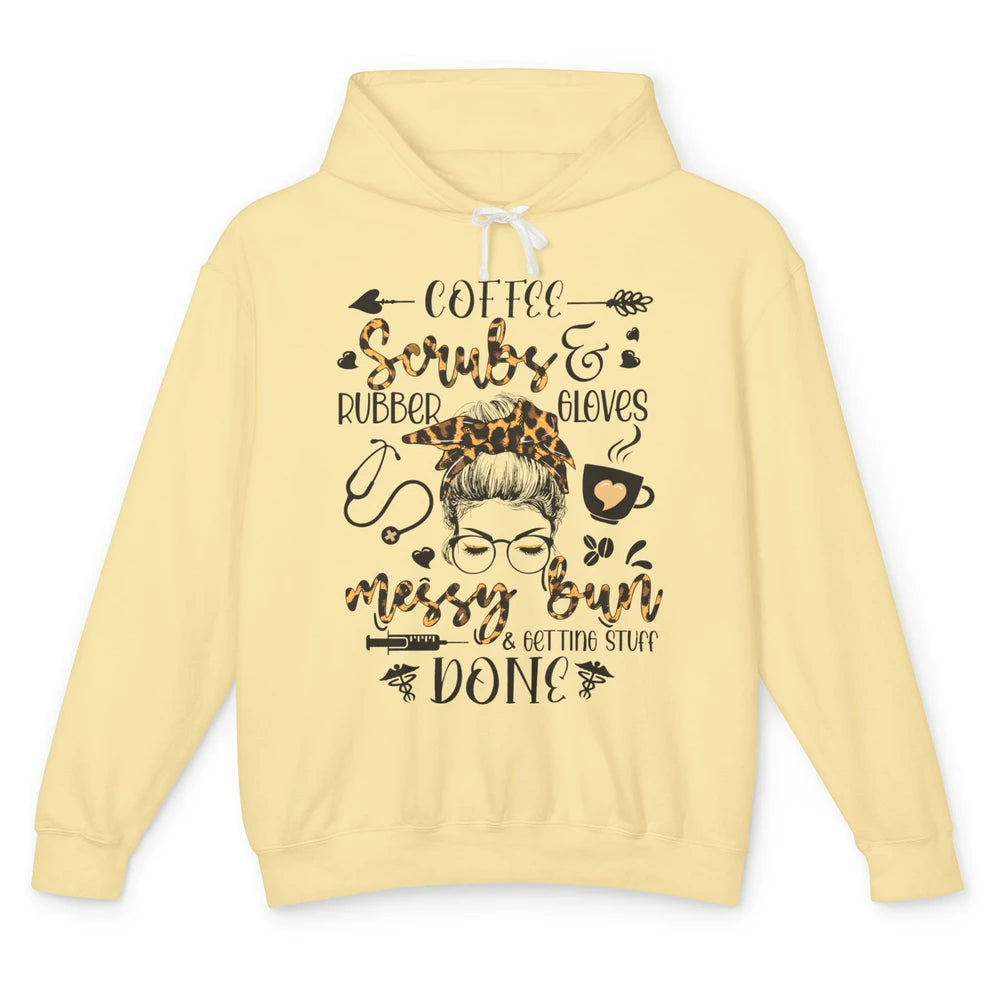 Messy Bun Hair Nurse Life Coffee Scrubs And Gloves Leopard Unisex Lightweight Hoodie