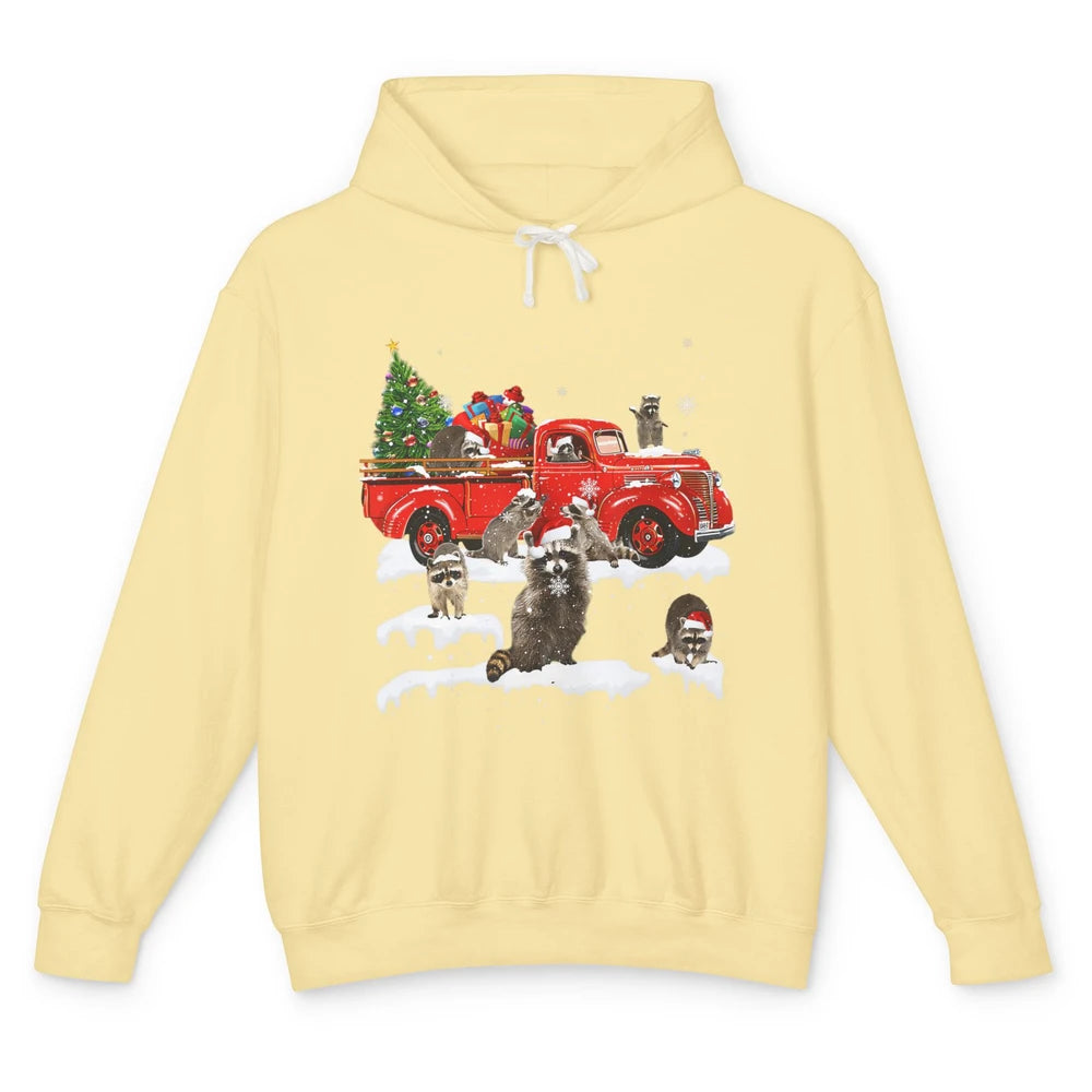 Funny Red Truck Raccoon Xmas Tree Lights Merry Christmas Unisex Lightweight Hoodie