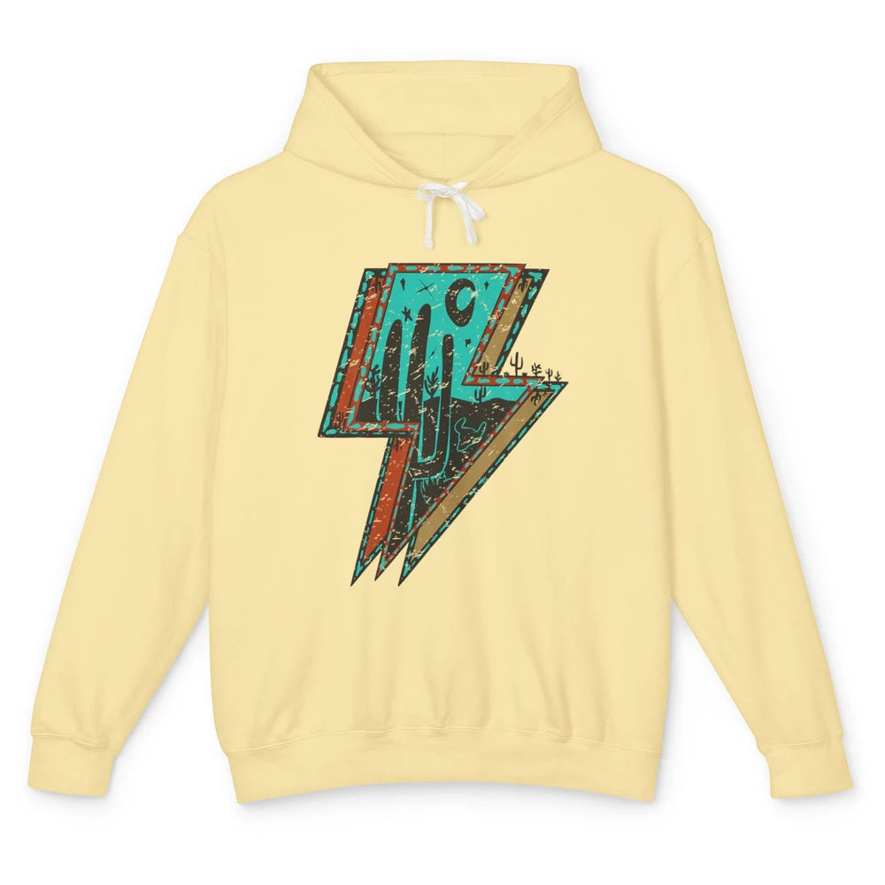 Retro Desert Cactus Night Turquoise Lightning Bolt Western Unisex Lightweight Hoodie