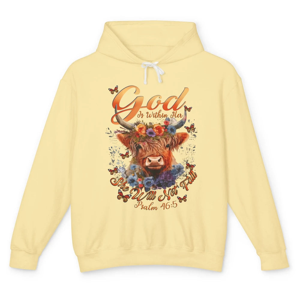 Christian Highland Cow God Is Within Her Bible Religious Unisex Lightweight Hoodie