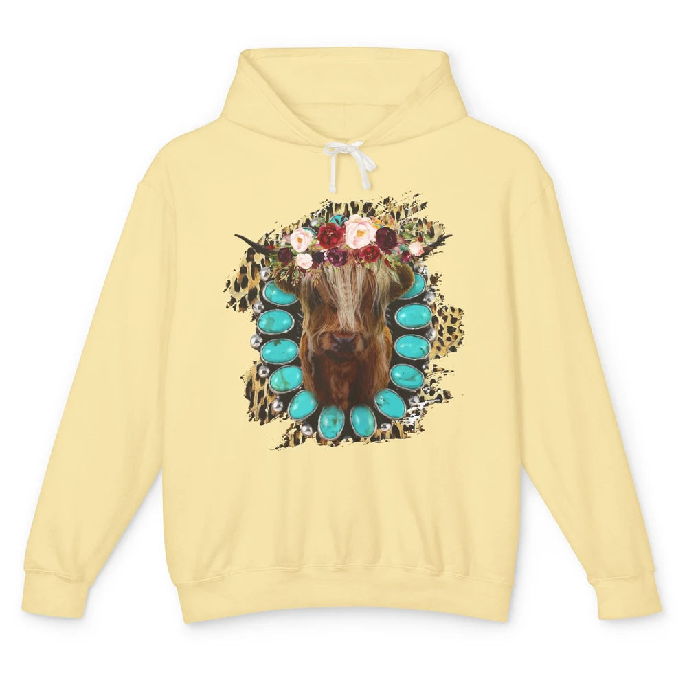 Floral Highland Cow Turquoise Western Country Cowboy Leopard Unisex Lightweight Hoodie