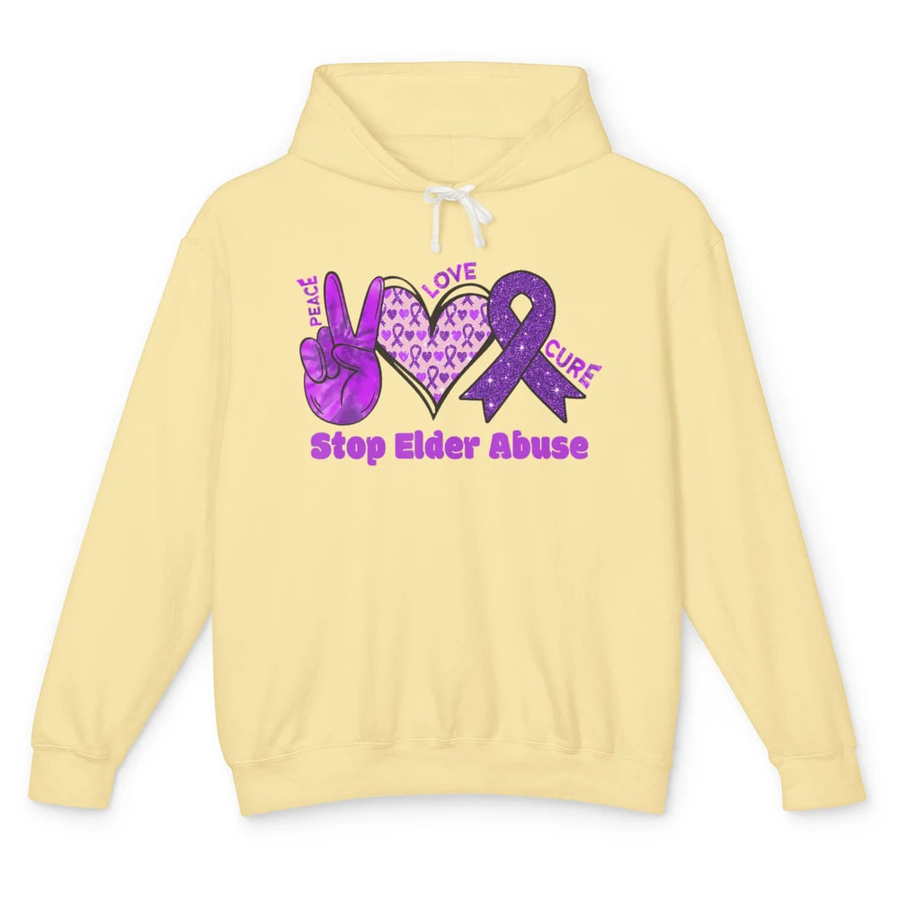 Peace Love Hope Heart Purple Ribbon Elder Abuse Awareness Unisex Lightweight Hoodie