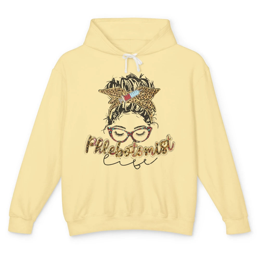 Retro Leopard Phlebotomist Life Messy Bun Mom Phlebotomy Unisex Lightweight Hoodie