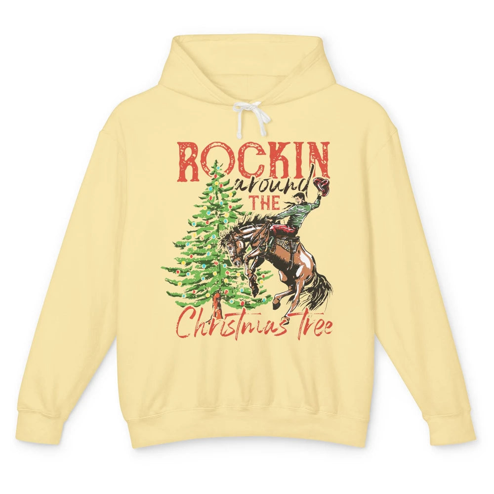 Funny Cowboy Horsing Rocking Around Christmas Tree Western Unisex Lightweight Hoodie