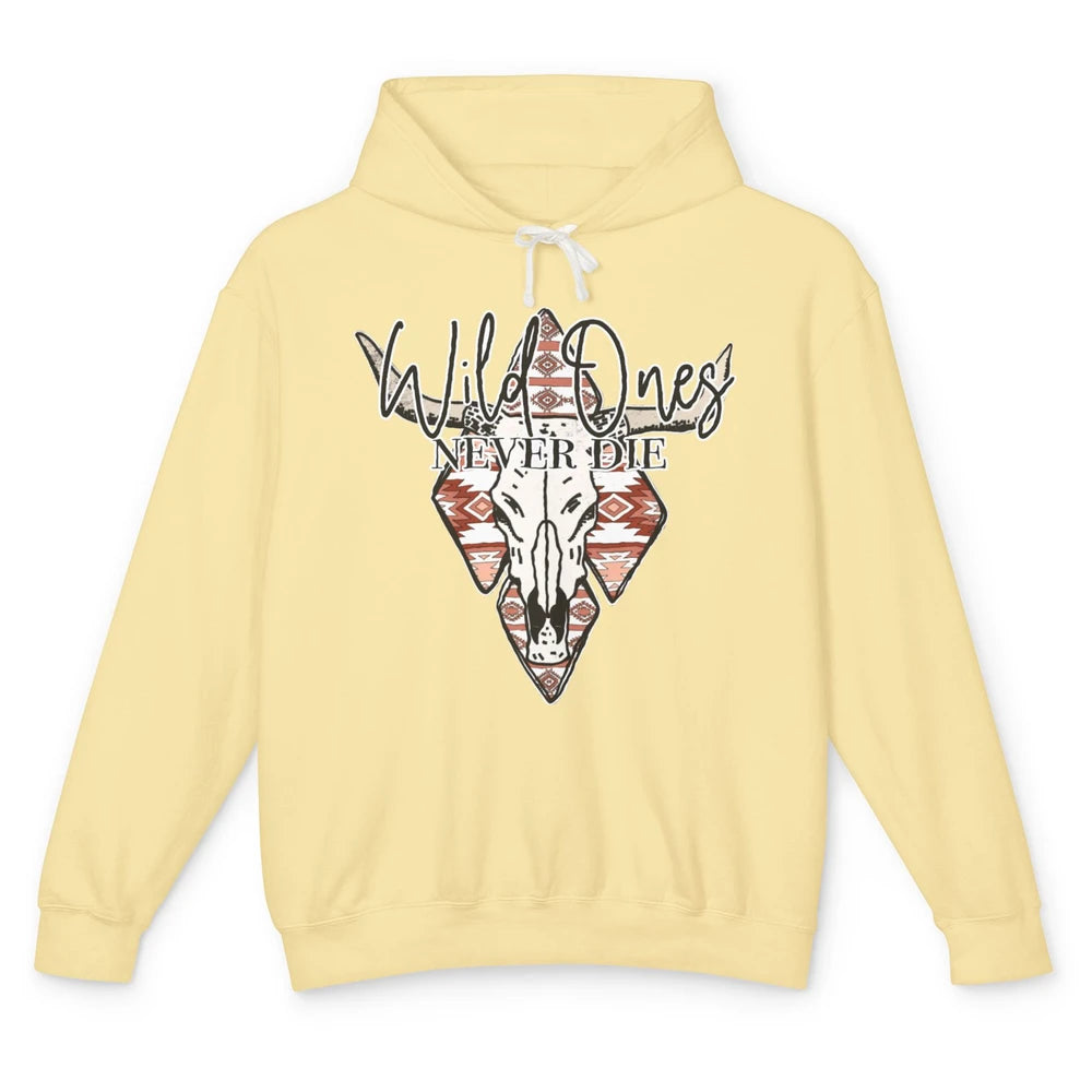 Retro Bull Skull Aztec Wild Ones Never Die Western Country Unisex Lightweight Hoodie