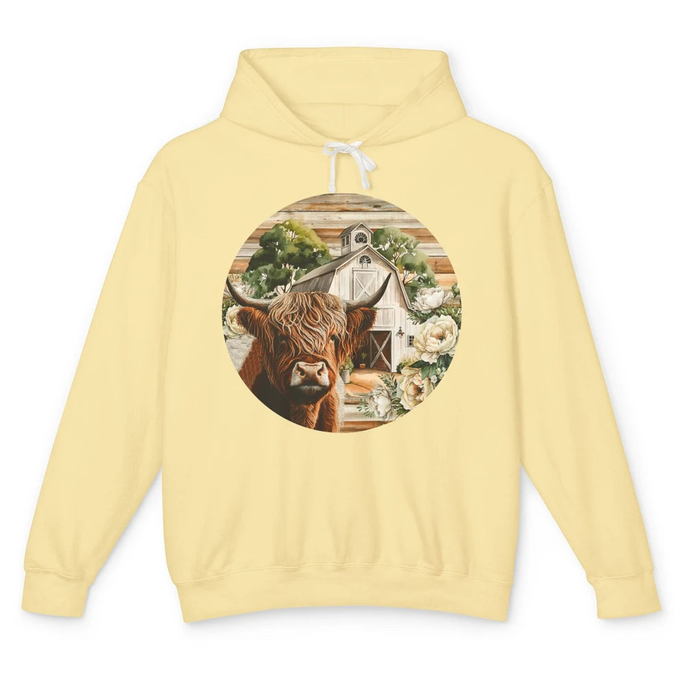 Retro Farm Highland Cow Barn House Western Country Farmer Unisex Lightweight Hoodie