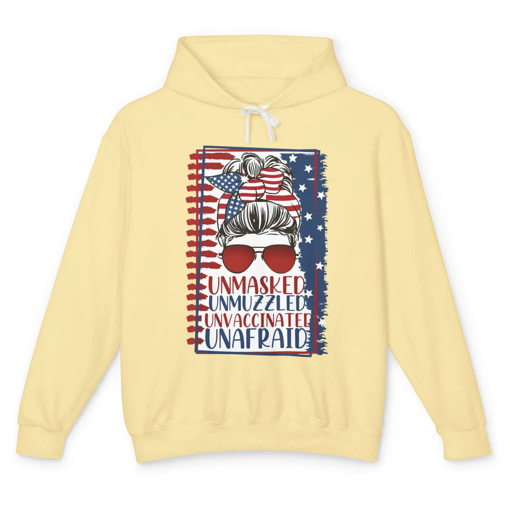 Unmasked Unmuzzled Unvaccinated Unafraid US Flag Messy Bun Unisex Lightweight Hoodie