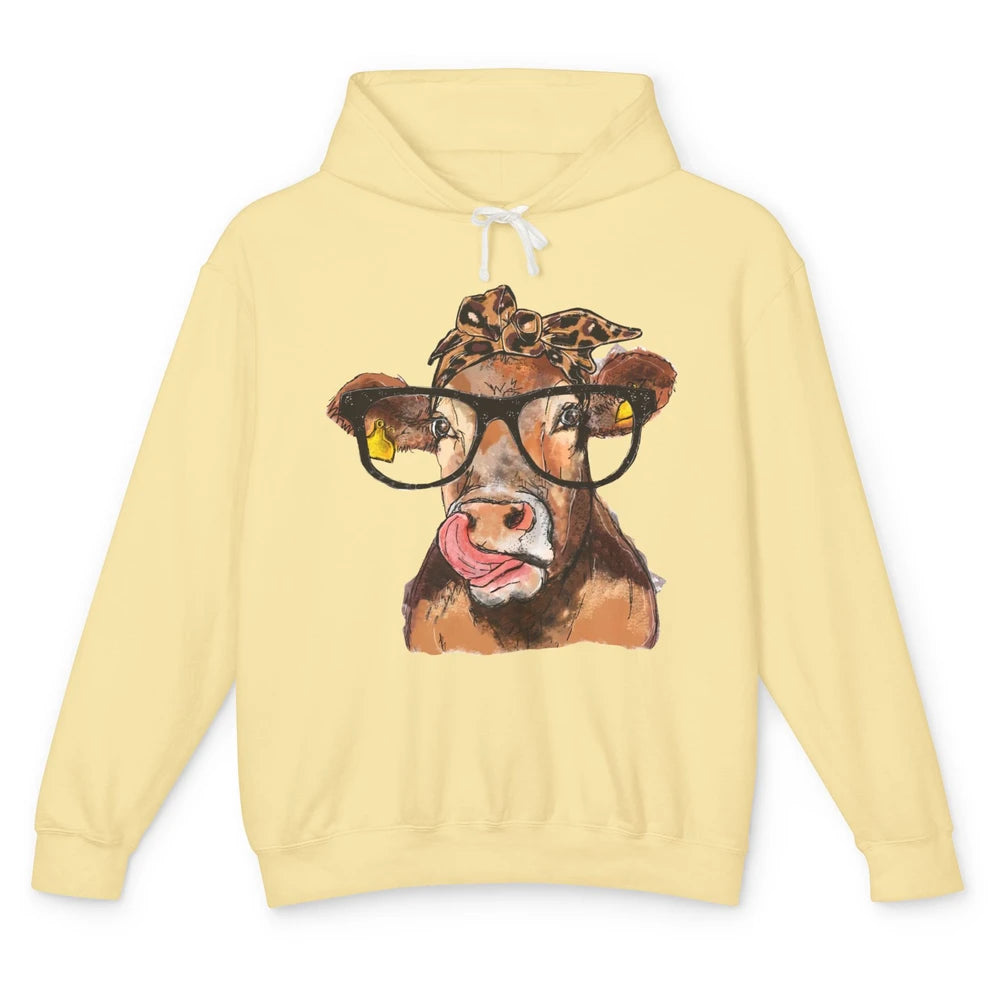 Leopard Bandana Glasses Heifer Lick Funny Cow Cattle Farmers Unisex Lightweight Hoodie