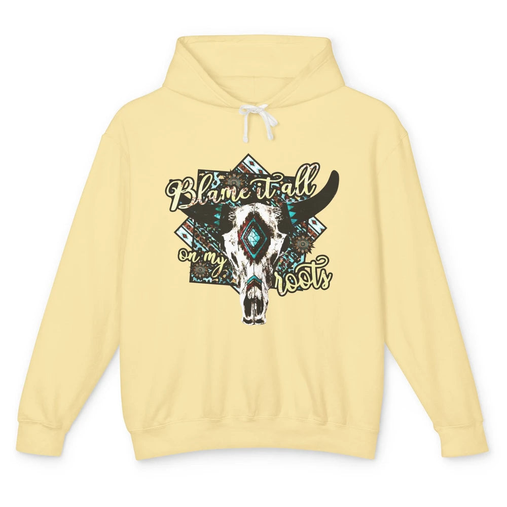 Retro Boot Blame It All On My Root Cow Skull Western Cowboy Unisex Lightweight Hoodie