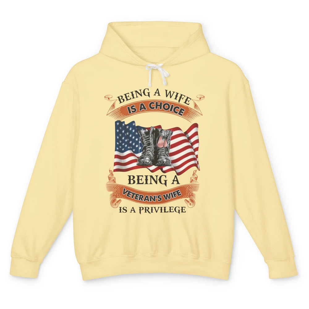 Retro US Flag Combat Boot Being Veteran's Wife Is Privilege Unisex Lightweight Hoodie