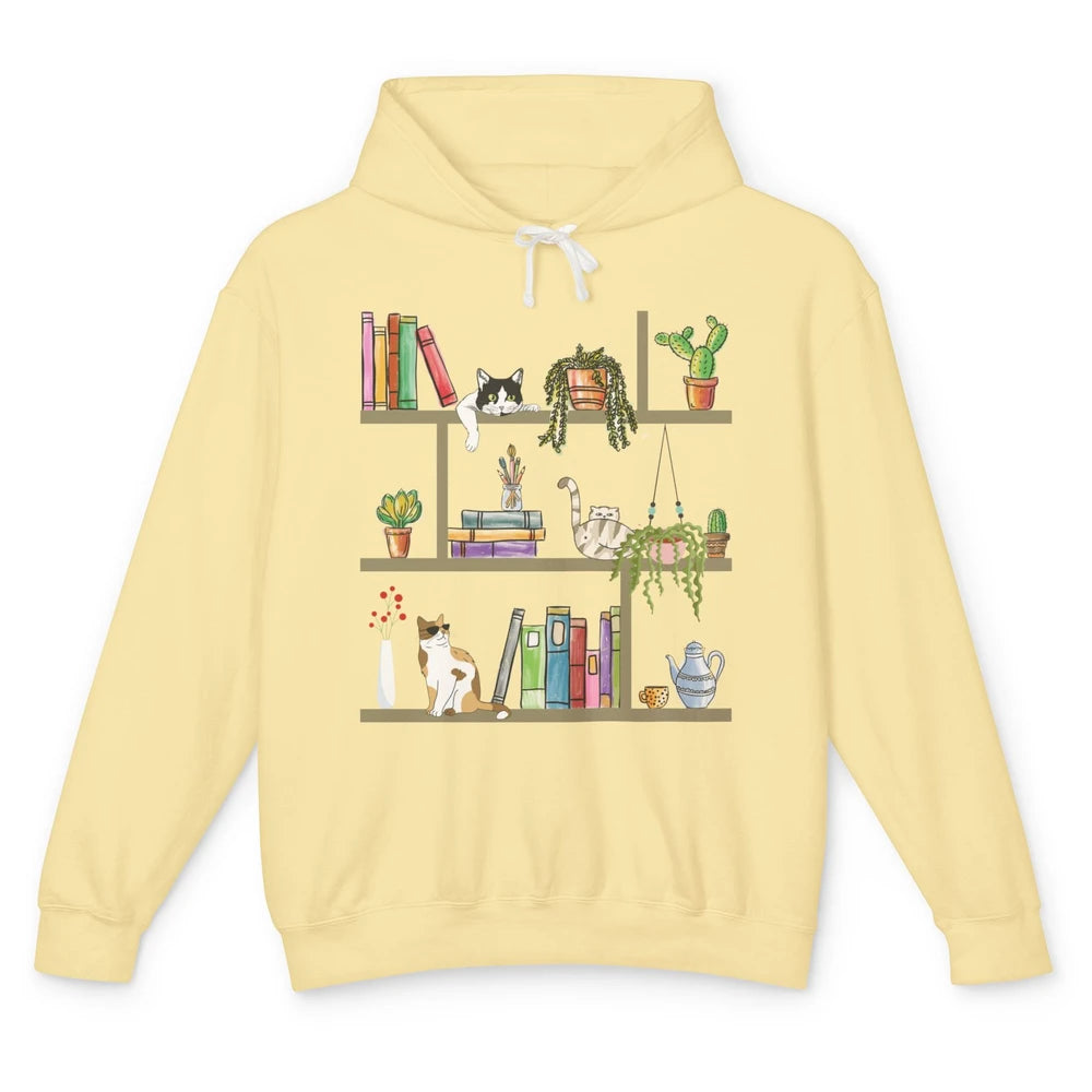 Funny Cats Lying On Floral Bookshelf Book Kitten Minimalist Unisex Lightweight Hoodie