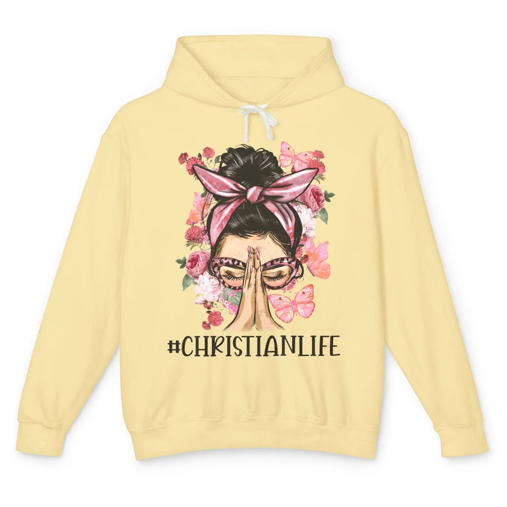 Floral Messy Bun Praying Christian Life Religious Motivation Unisex Lightweight Hoodie