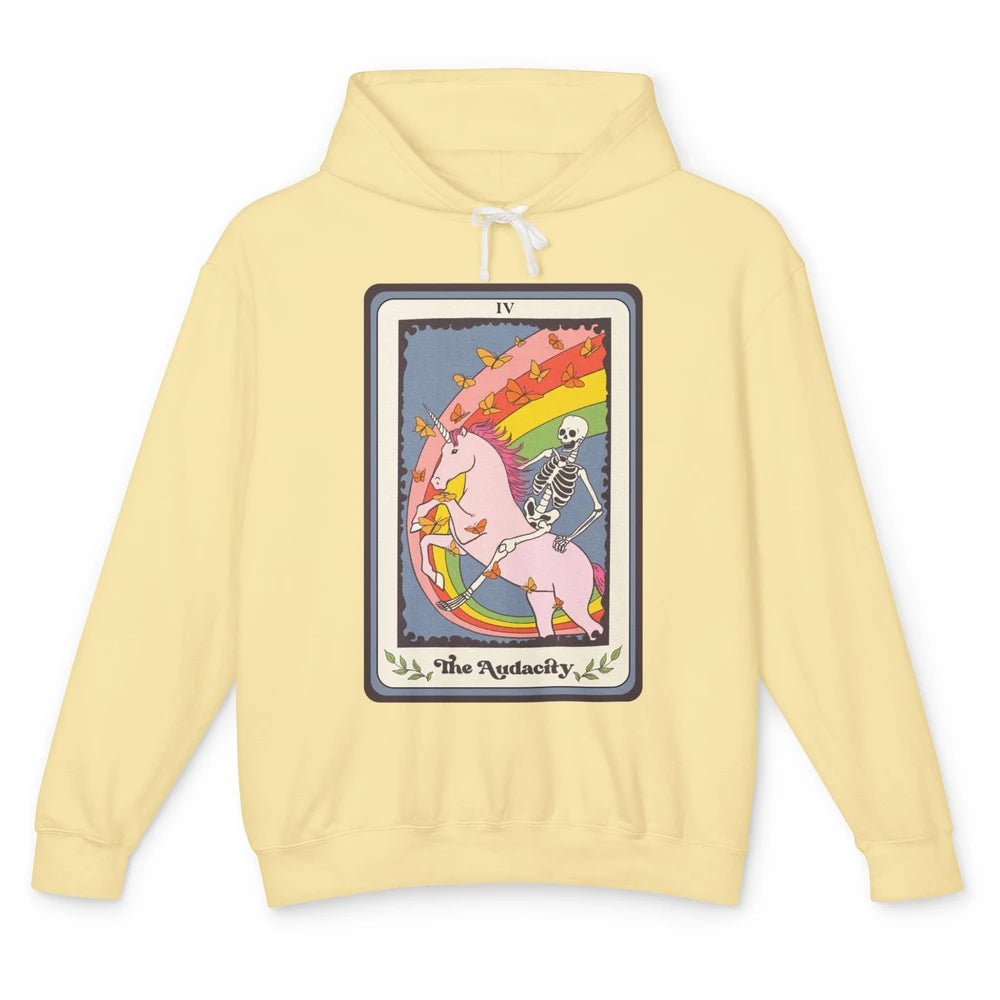 Retro Skeleton Rides Unicorn The Audacity Tarot Card Rainbow Unisex Lightweight Hoodie