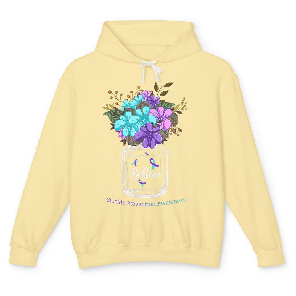 Cute Believe Flower Ribbon Support Suicide Prevention Month Unisex Lightweight Hoodie