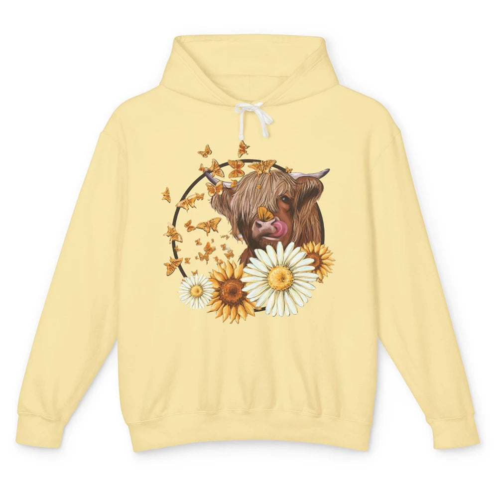 Highland Cow Sunflowers And Daisies Cow Flower Farm Country Unisex Lightweight Hoodie