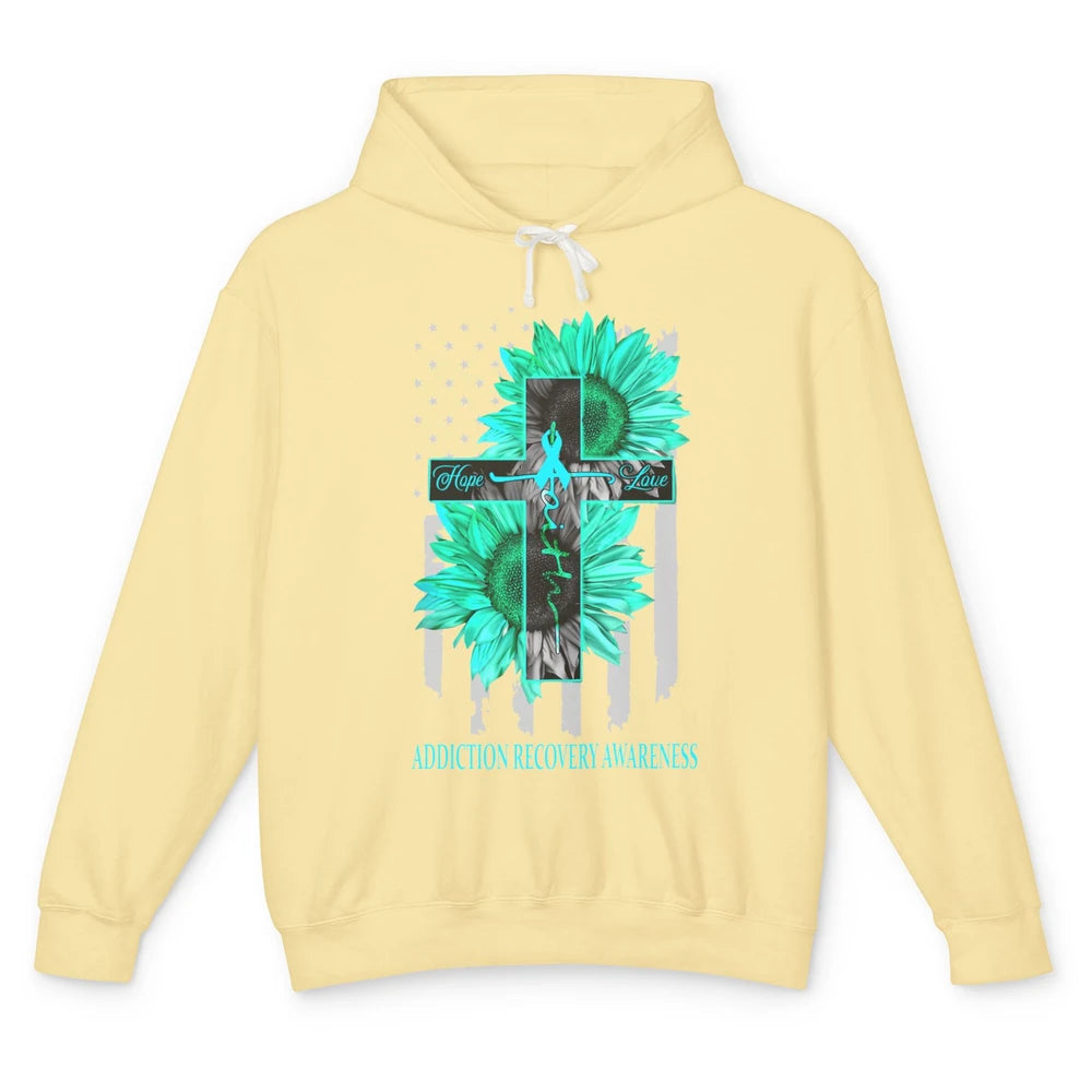 Addiction Recovery Faith Hope Love Teal US Flag Jesus Cross Unisex Lightweight Hoodie