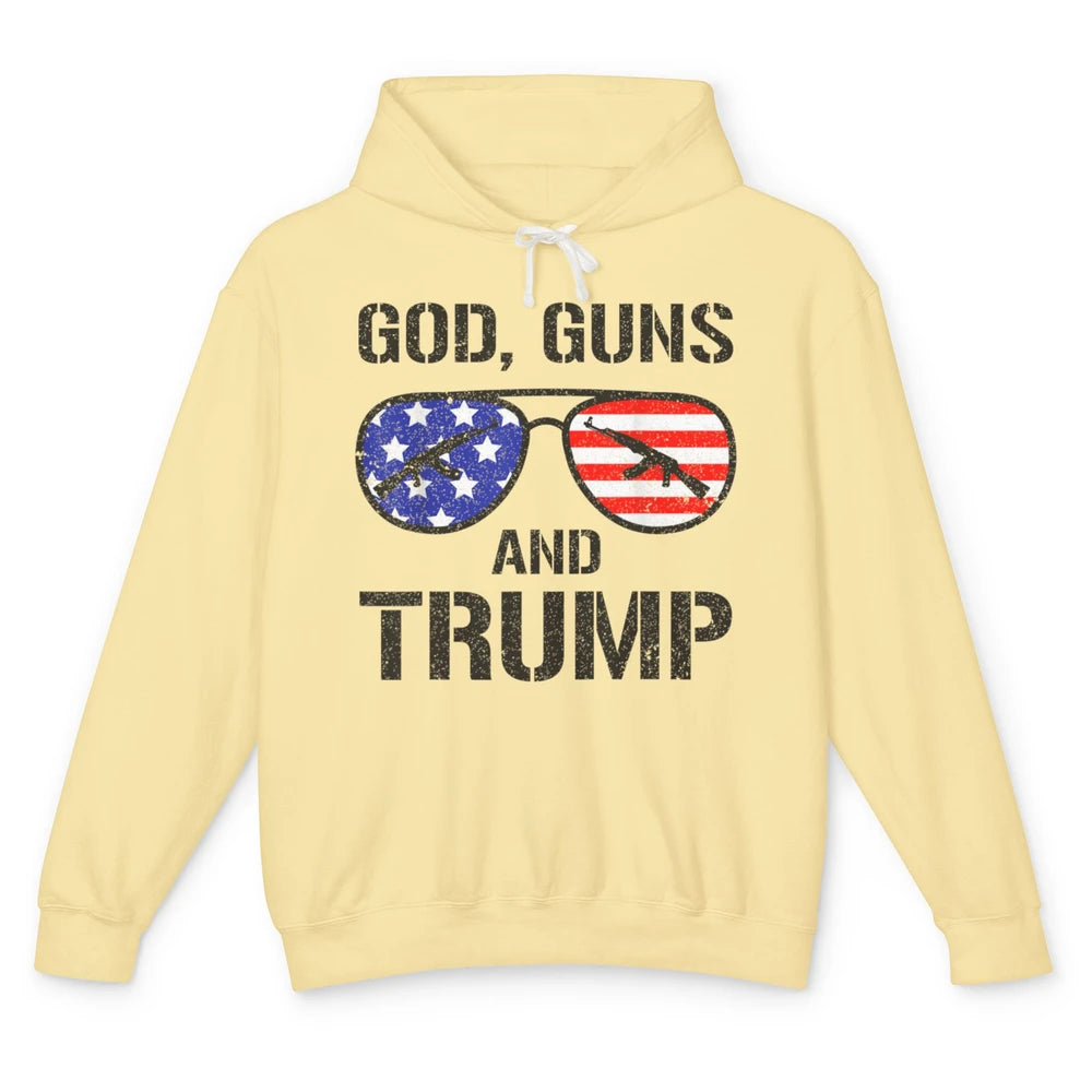 Funny God Guns Donald Trump Vote 2024 Glasses Republican Pun Unisex Lightweight Hoodie