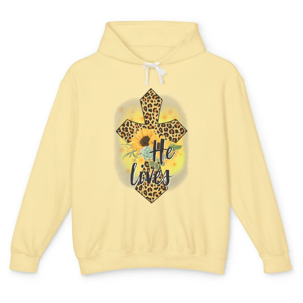 He Lives Sunflowers Faith Cross Christian Bible Religious Unisex Lightweight Hoodie