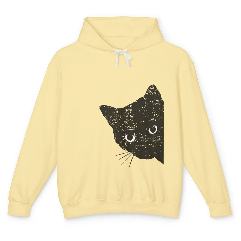 Funny Retro Black Cat Peeking Ew People Anti Social Cat Unisex Lightweight Hoodie