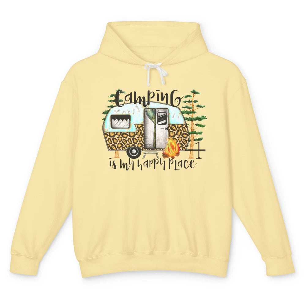 Campers Camping Is My Happy Place Leopard Camping Lover Gift Unisex Lightweight Hoodie