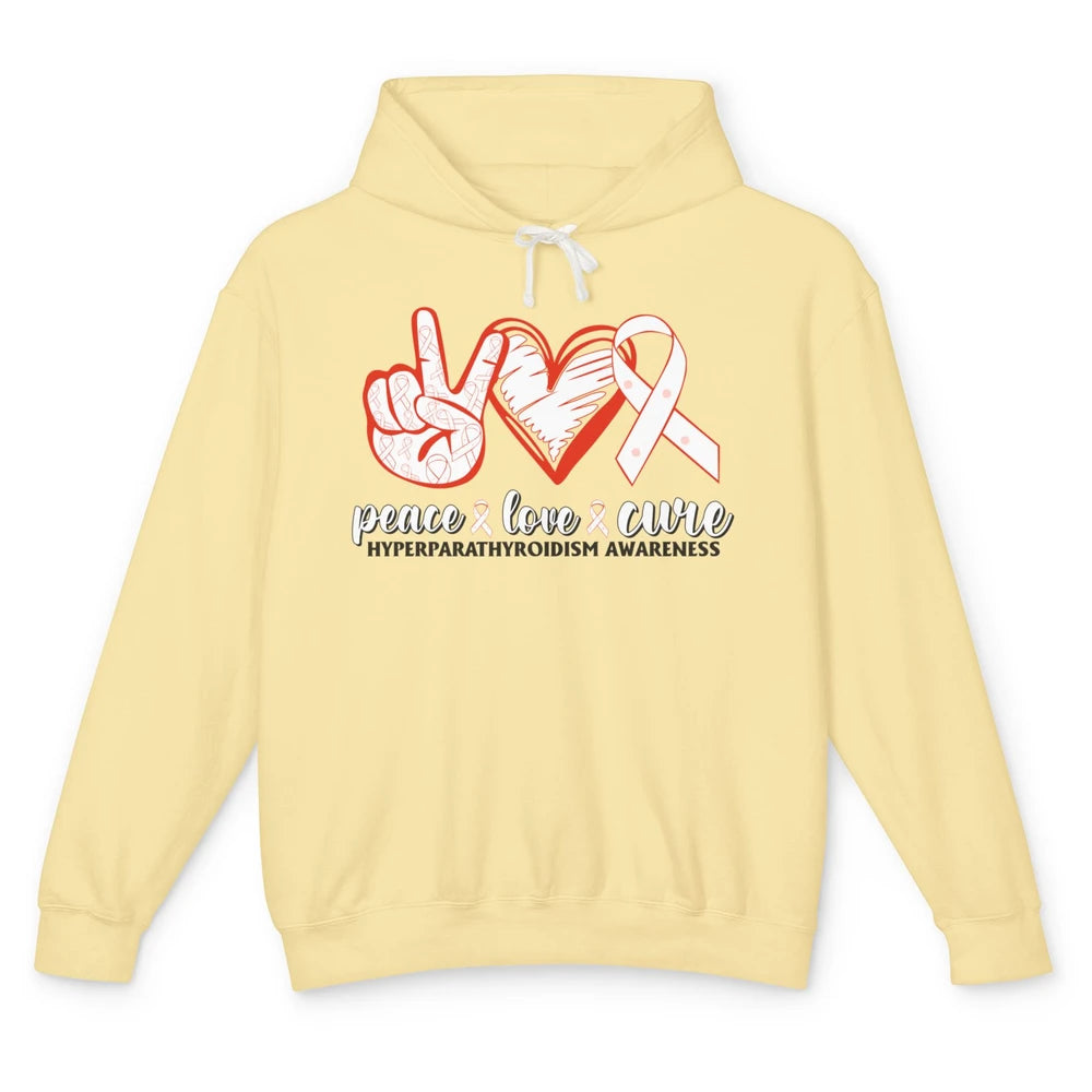 Hyperparathyroidism Awareness Red Ribbon Peace Love Cure Unisex Lightweight Hoodie