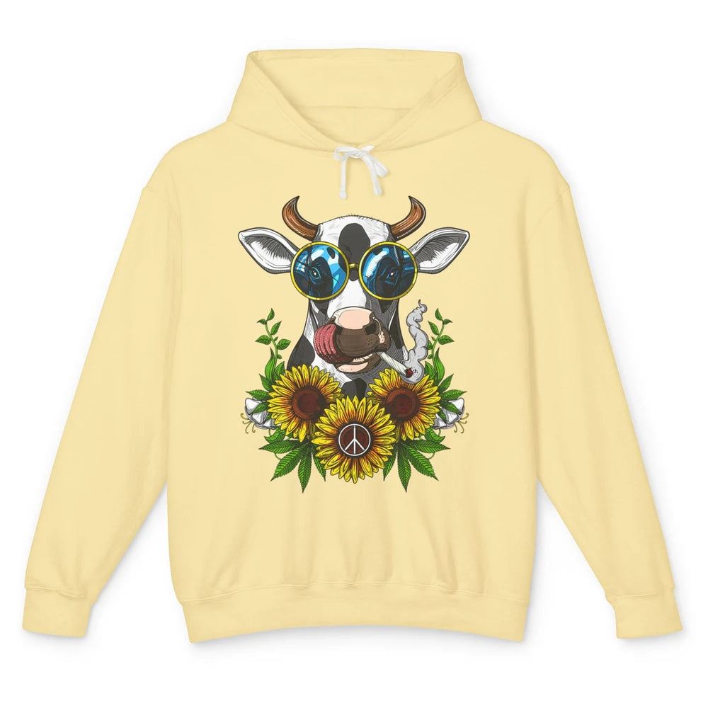 Heifer Highland Cow Stoner Hippie Sunflower Cigarette Retro Unisex Lightweight Hoodie