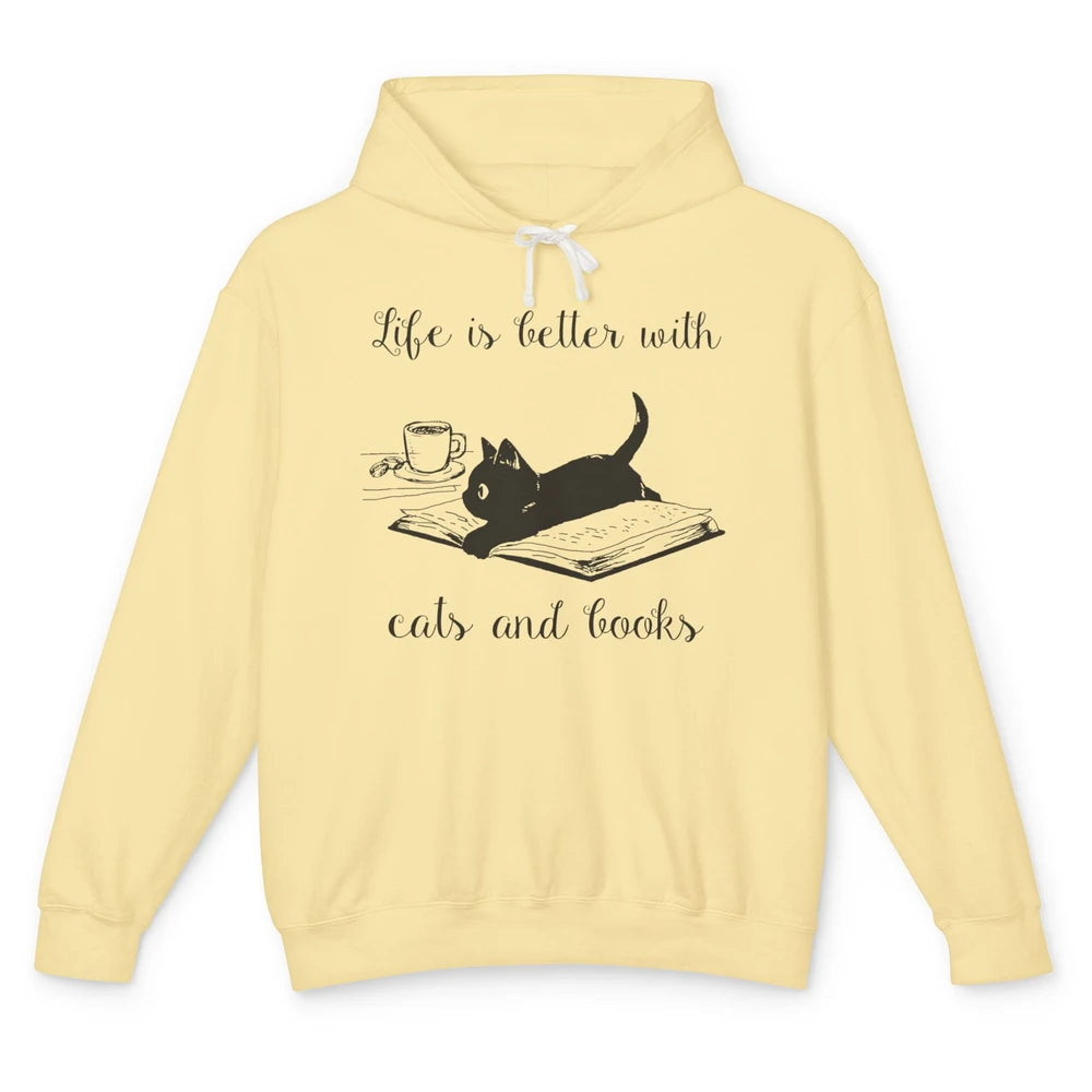 Retro Life Is Better With Cats And Books Reading Lovers Unisex Lightweight Hoodie