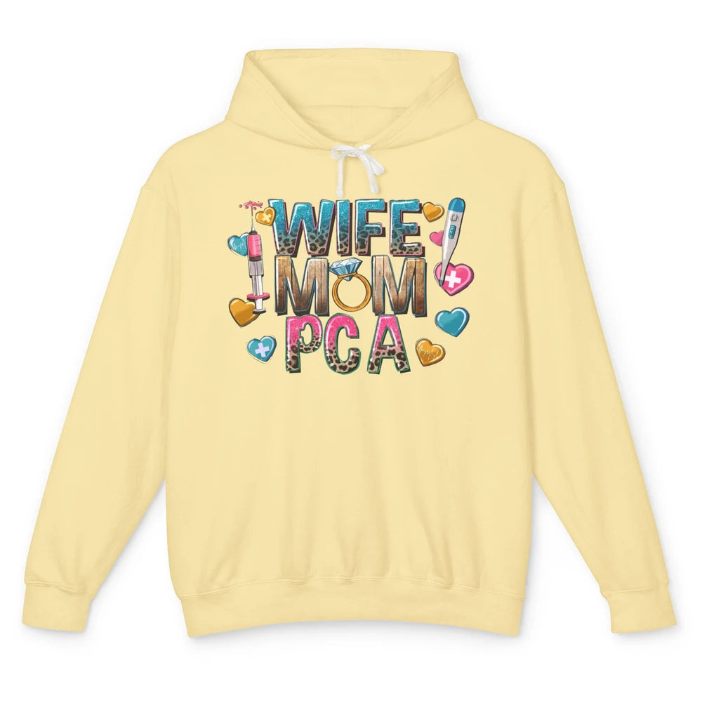 Wife Mom PCA Leopard Heart Western PCA Valentines Day Nurse Unisex Lightweight Hoodie