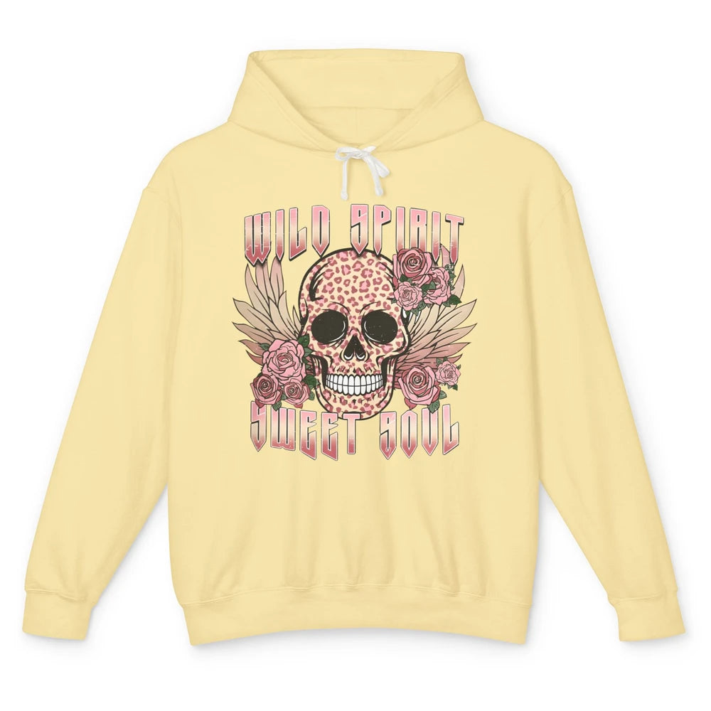 Wild Spirit Sweet Soul Skull Leopard Flowers Western Boho Unisex Lightweight Hoodie