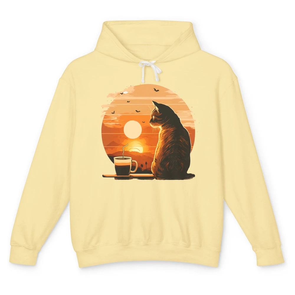 Coffee Cat And Vintage Sunset Love Drinking Coffee At Sunset Unisex Lightweight Hoodie