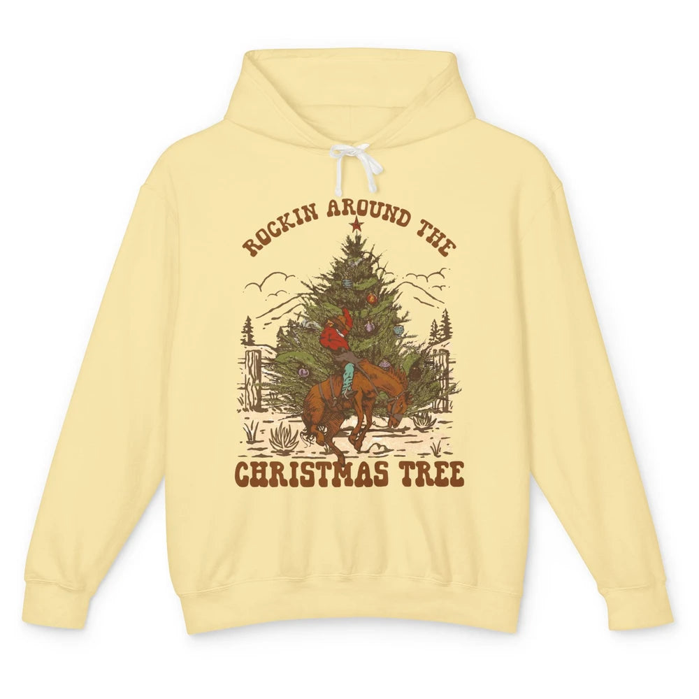 Funny Cowboy Horsing Rocking Around Christmas Tree Western Unisex Lightweight Hoodie