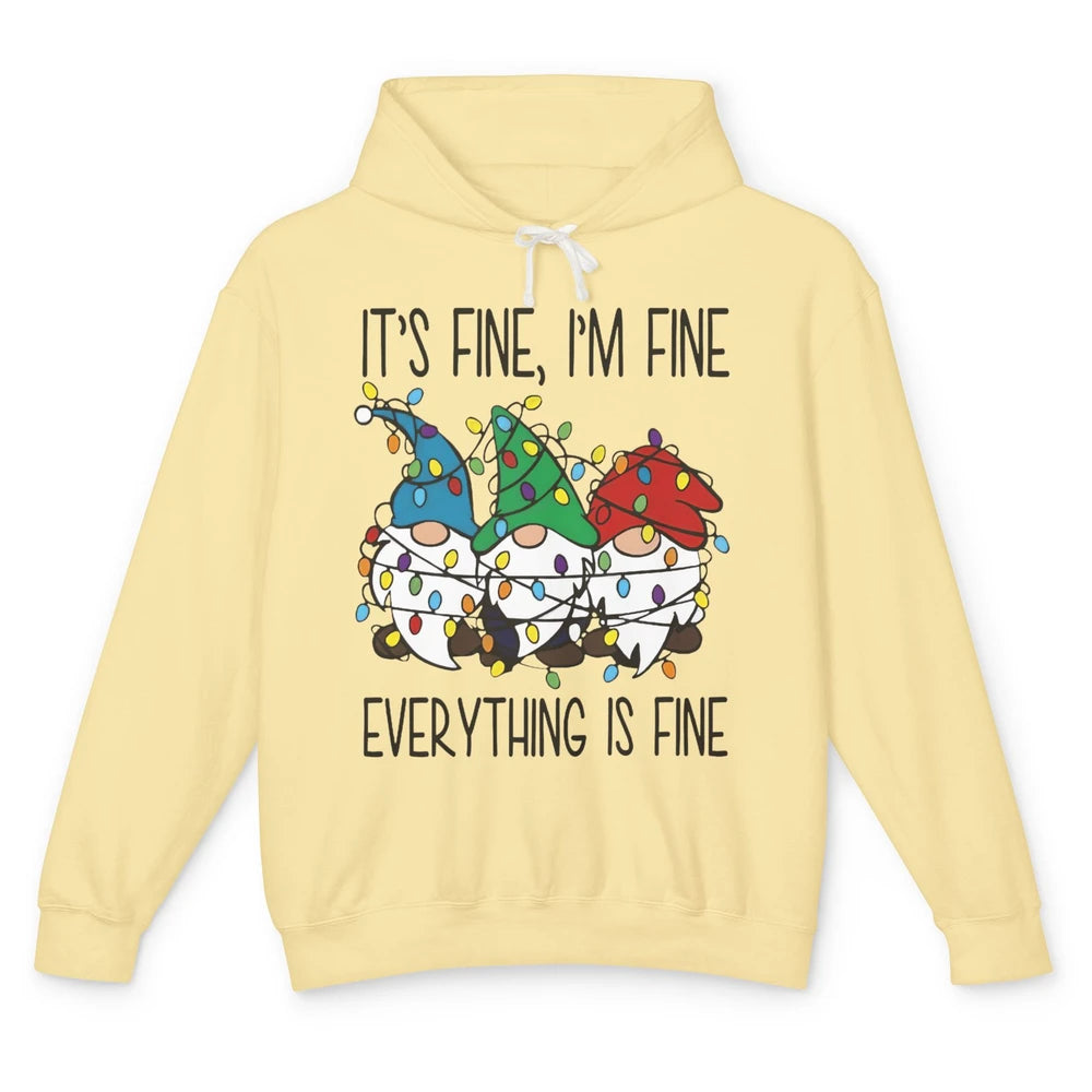 Funny Gnomes Christmas Light I'm Fine Everything's Fine Unisex Lightweight Hoodie