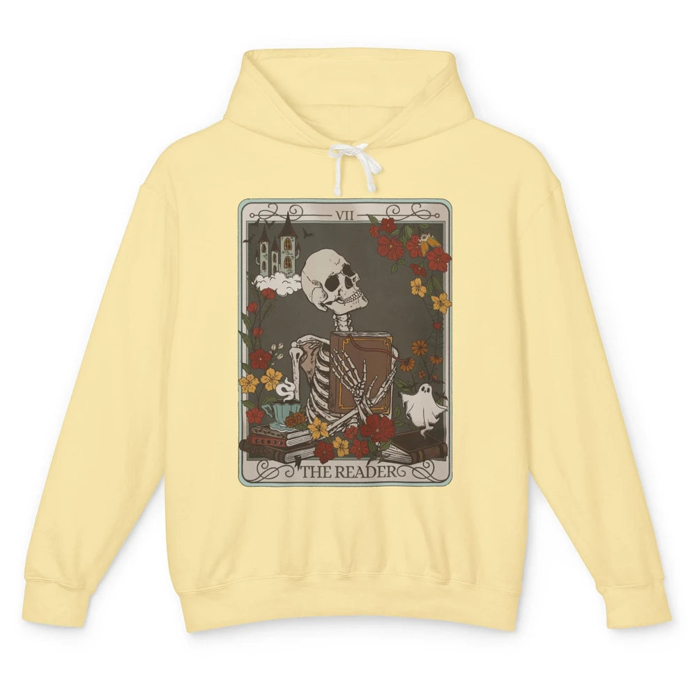 Retro Skeleton Reading Books The Reader Tarot Card Halloween Unisex Lightweight Hoodie