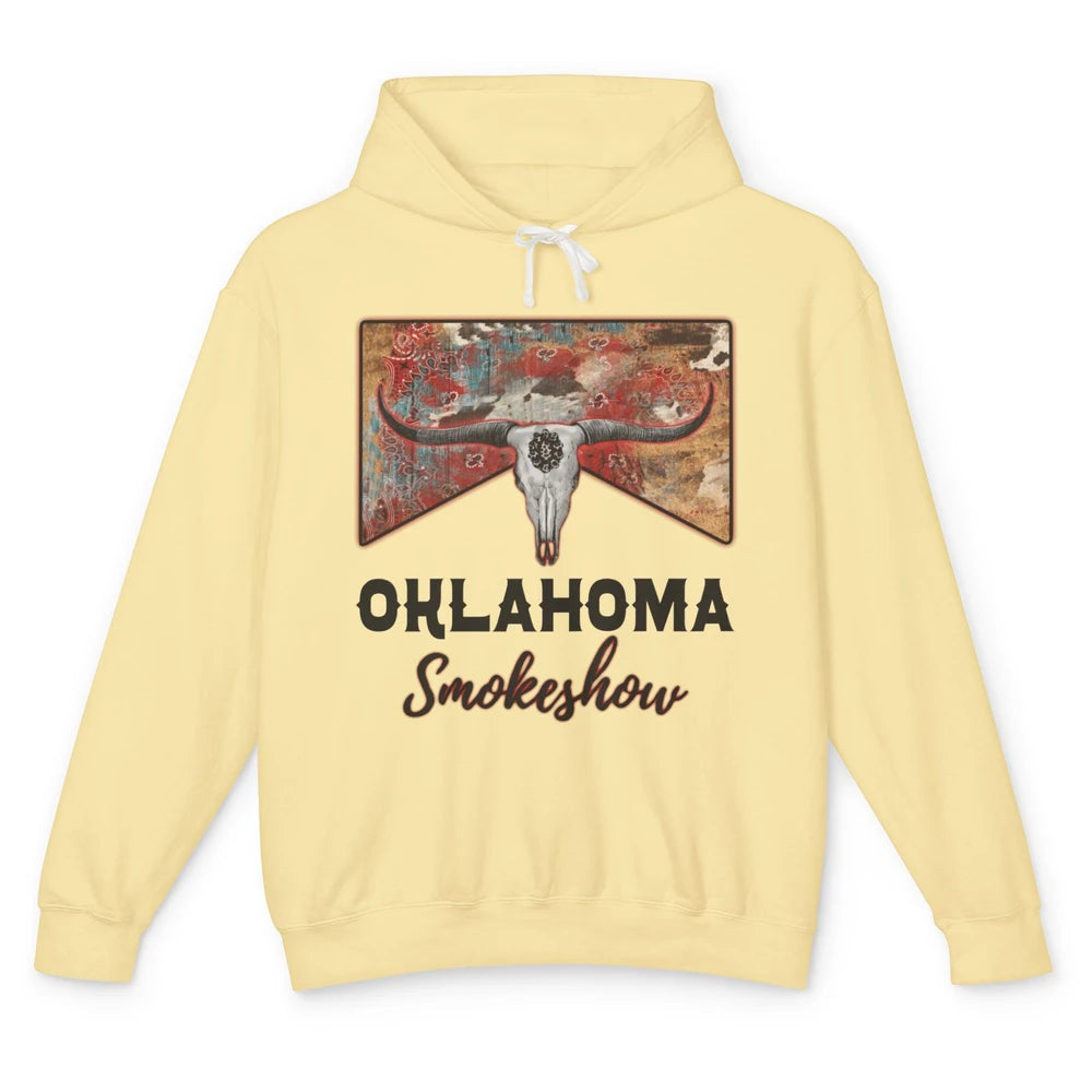 Boho Bull Skull Cow Print Oklahoma Smokeshow Western Country Unisex Lightweight Hoodie