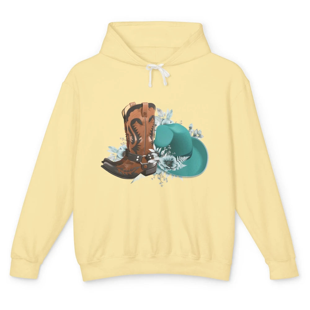 Retro Cowgirl Floral Turquoise Cowboy Boots Rodeo Western Unisex Lightweight Hoodie