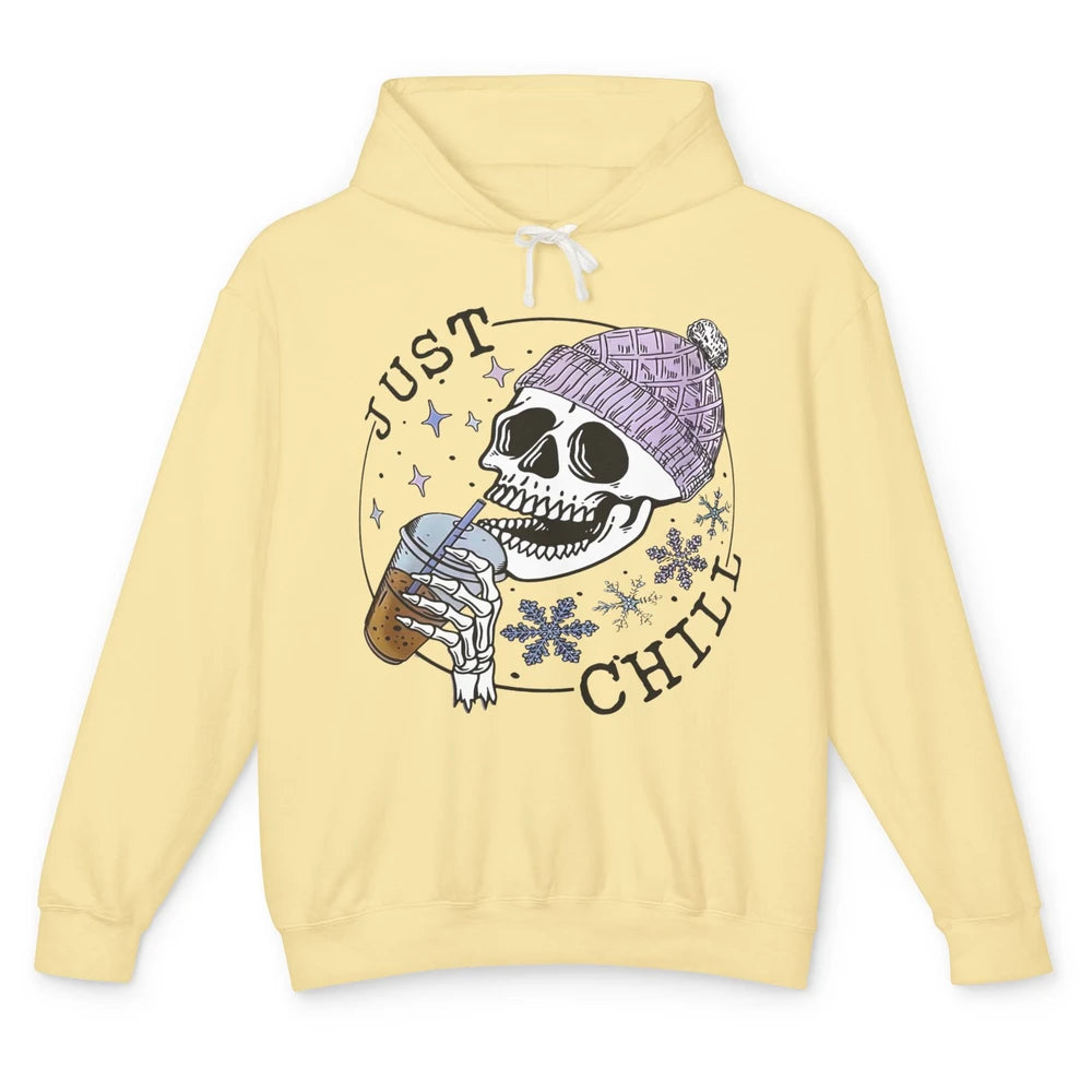 Funny Skeleton Coffee Just Relax Snowflakes Christmas Unisex Lightweight Hoodie