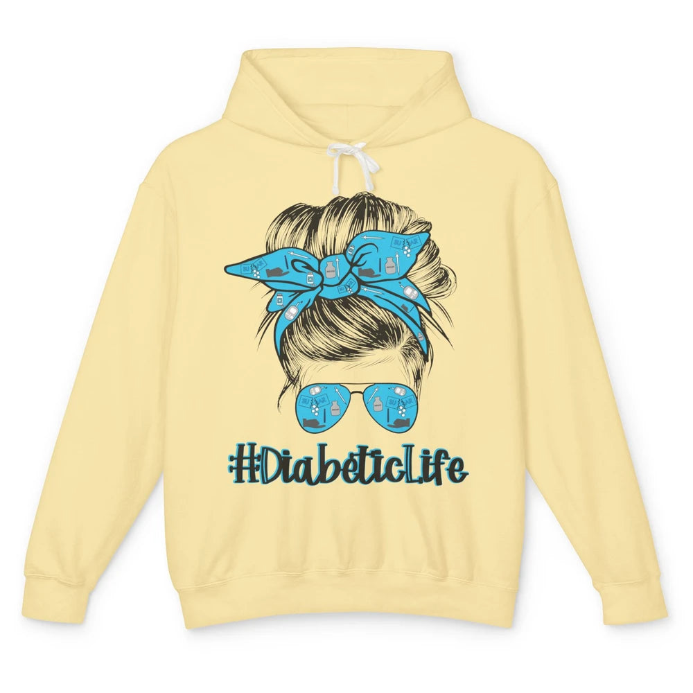 Diabetic Life Mom Messy Bun Blue Ribbon Diabetes Awareness Unisex Lightweight Hoodie