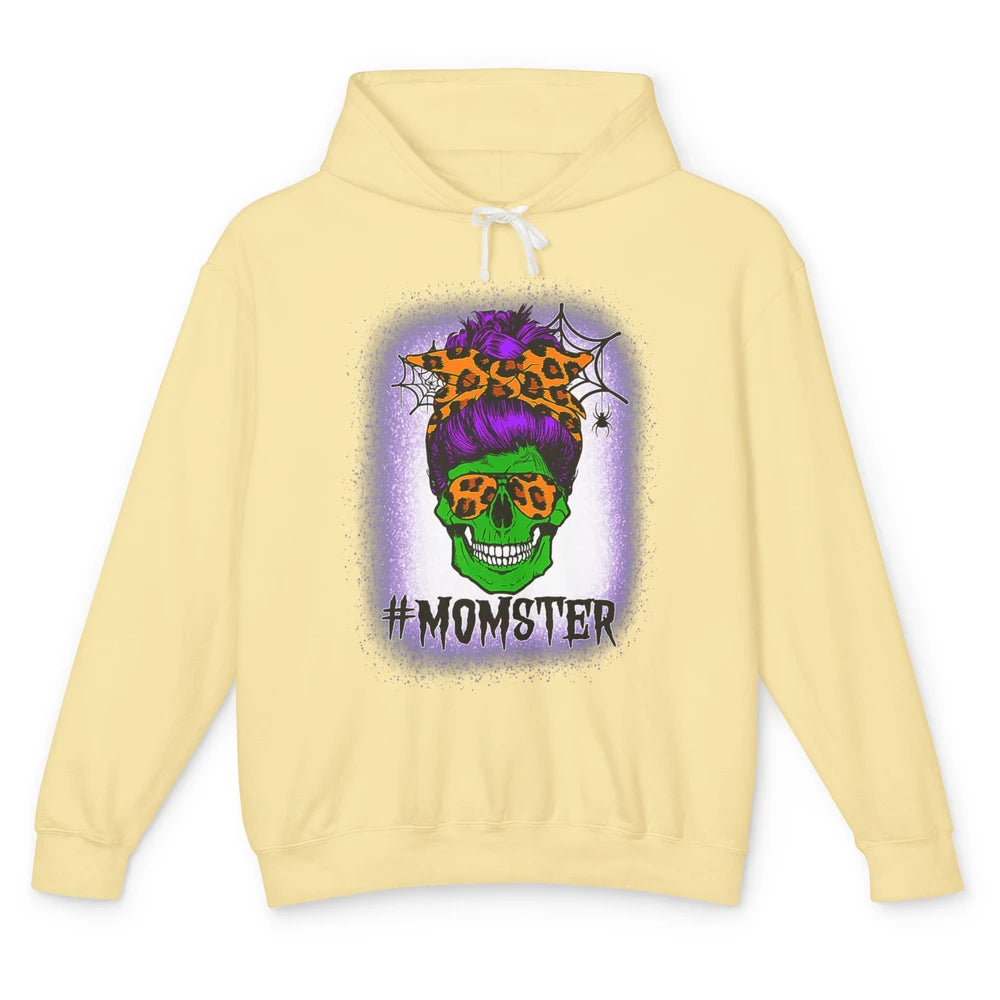 Retro Momster Messy Bun Skull Mom Halloween Spooky Mama Goth Unisex Lightweight Hoodie