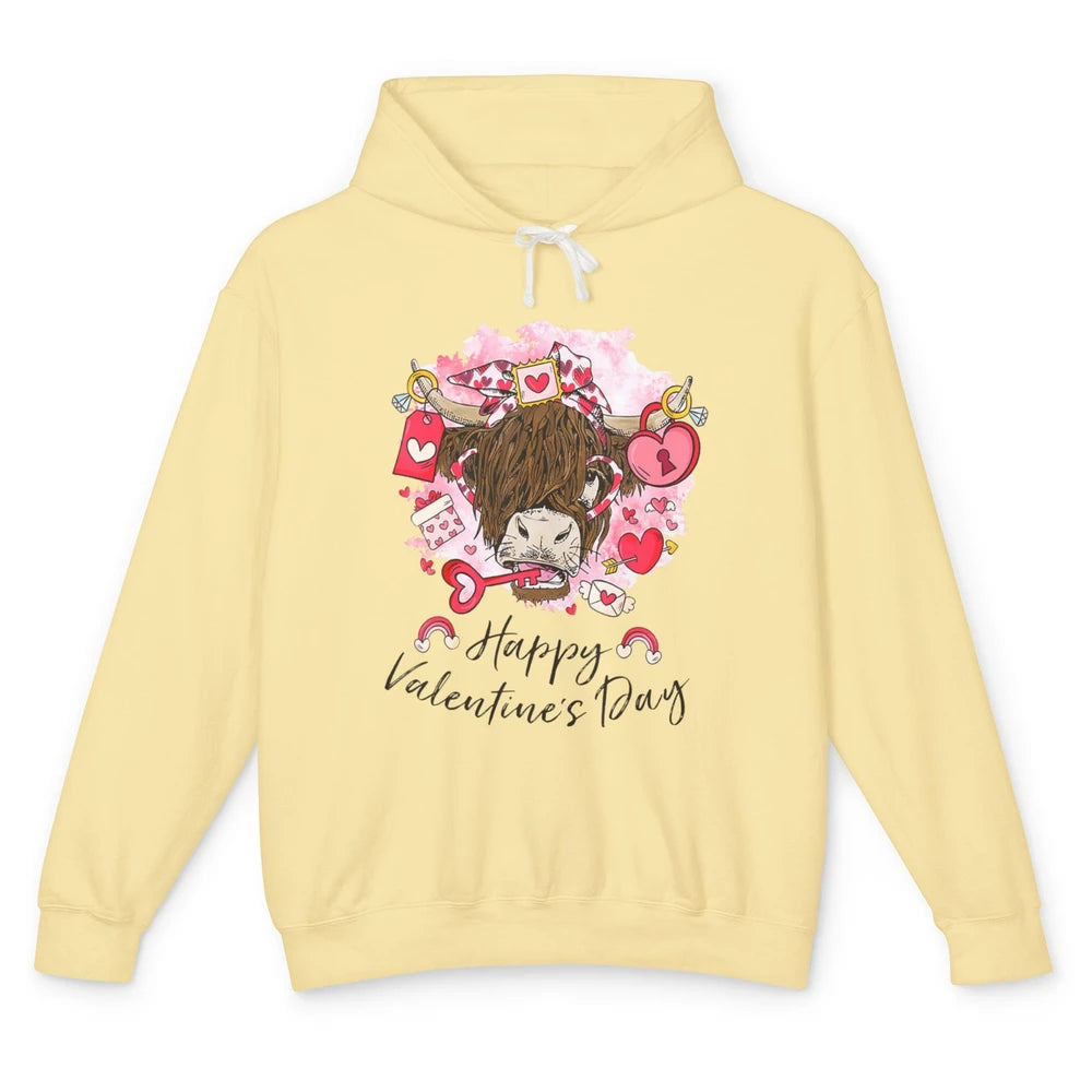 Cute Highland Cow Heart Western Happy Valentine Day Love Unisex Lightweight Hoodie