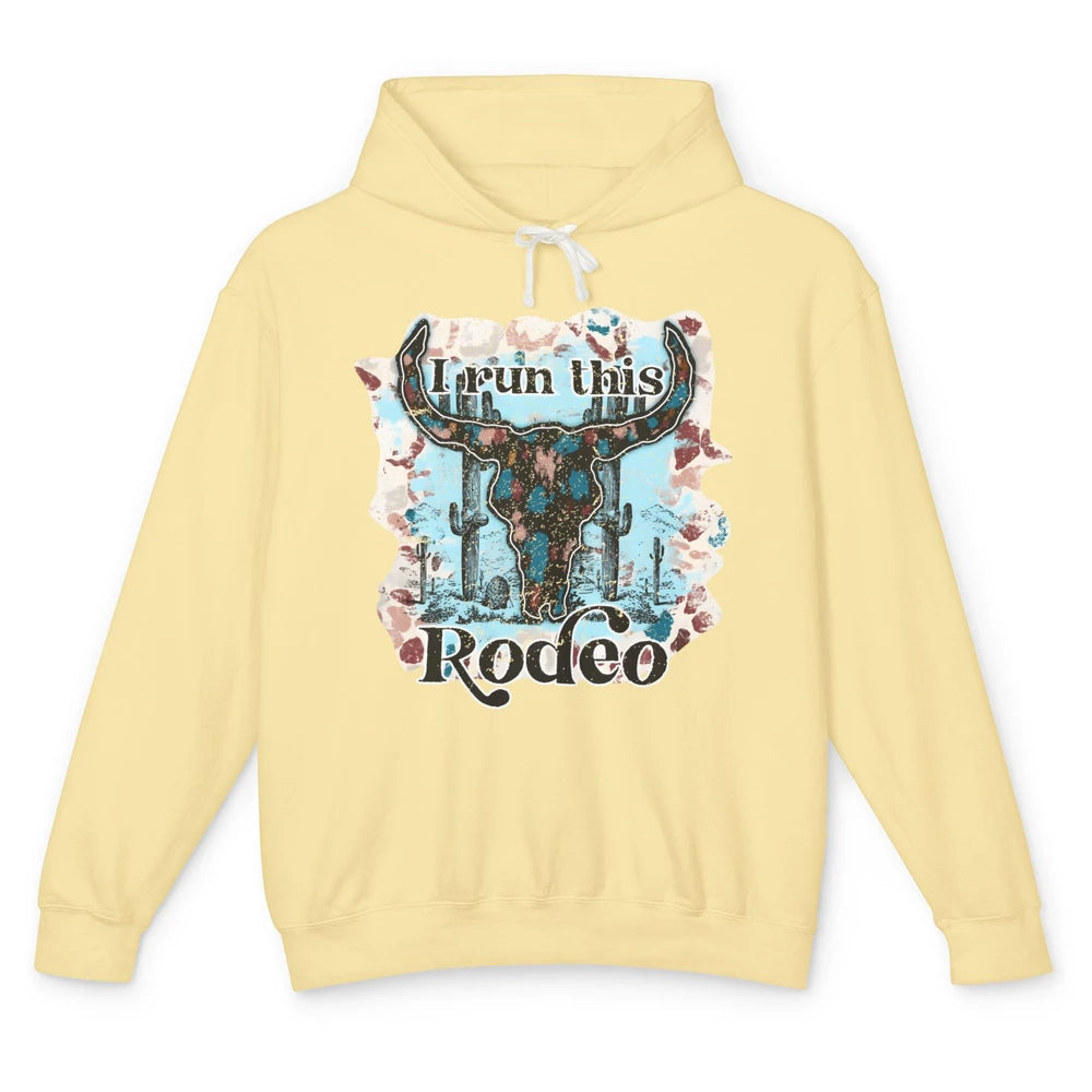 Leopard Bull Skull I Run This Rodeo Desert Cactus Western Unisex Lightweight Hoodie