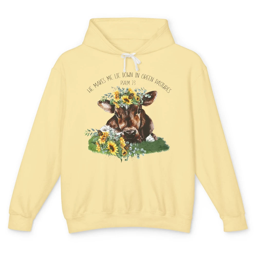 Sunflower Cow He Makes Me Lie Down In Green Pastures Bible Unisex Lightweight Hoodie