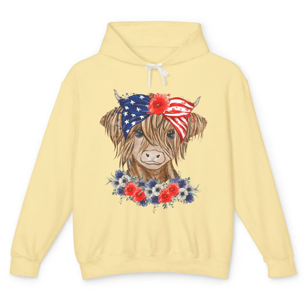 Funny Heifer Highland Cow Bandana America Flag 4th Of July Unisex Lightweight Hoodie