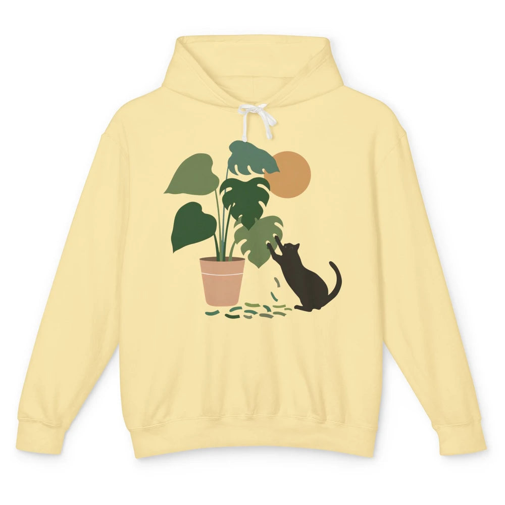 Black Cat And Plant The Making Of Monstera Garden Cat Lovers Unisex Lightweight Hoodie