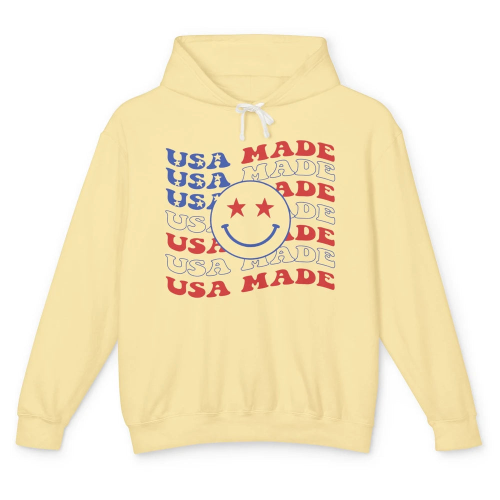 US Flag America Made Smiley Face July 4th American Patriots Unisex Lightweight Hoodie