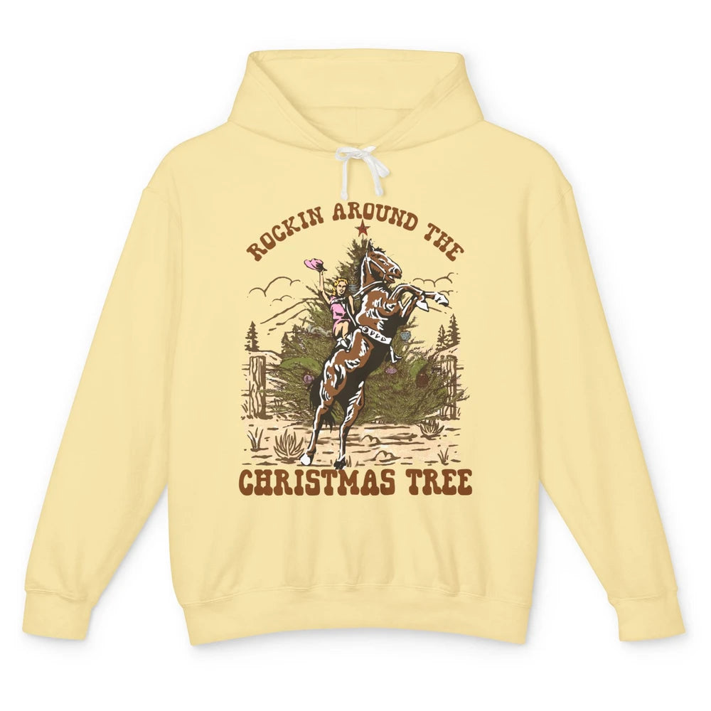 Funny Cowgirl Horsing Rocking Around Christmas Tree Western Unisex Lightweight Hoodie