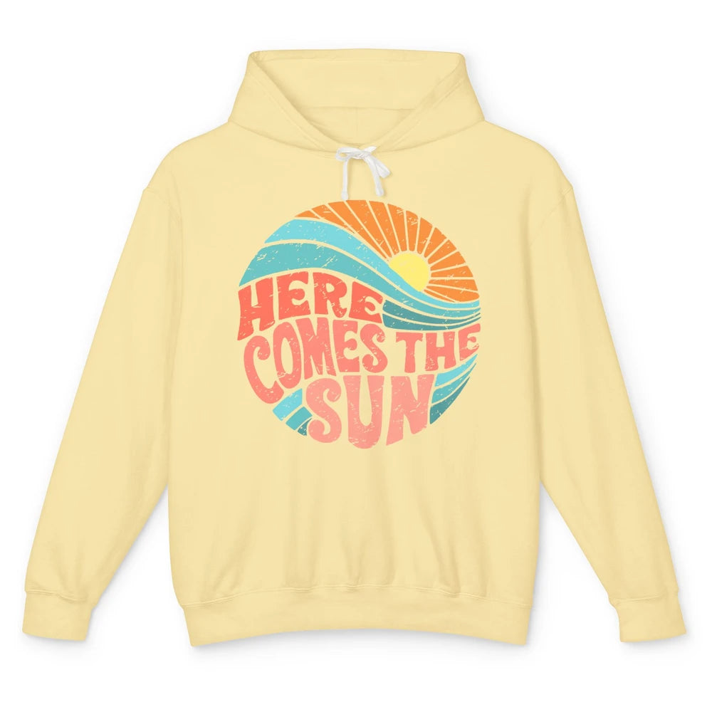 Retro Rainbow Sunrise Here Comes The Sun Hippie Girl Unisex Lightweight Hoodie