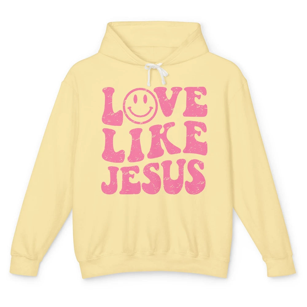 Groovy Love Like Jesus Smiling Face Christian Religious Unisex Lightweight Hoodie