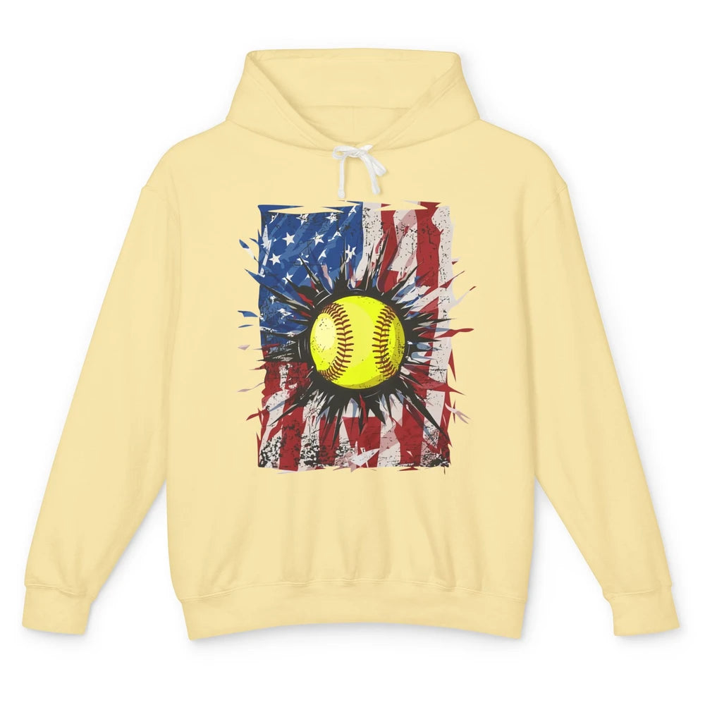 Retro US Flag Softball July 4th Baseball Players Patriotic Unisex Lightweight Hoodie