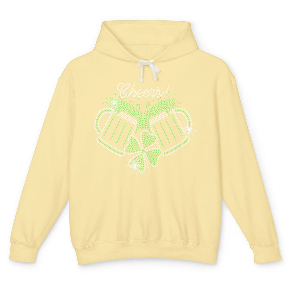 Cheers St Patrick's Day Drink Beer Bling Rhinestone Shamrock Unisex Lightweight Hoodie